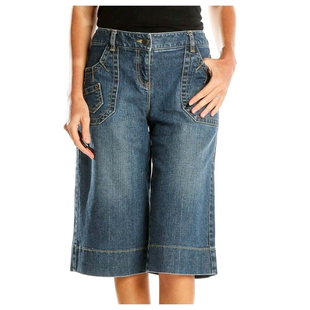 LOFT Wide Leg Denim Shorts Cropped Womens Bermuda Blue Relaxed Fit Summer Casual
